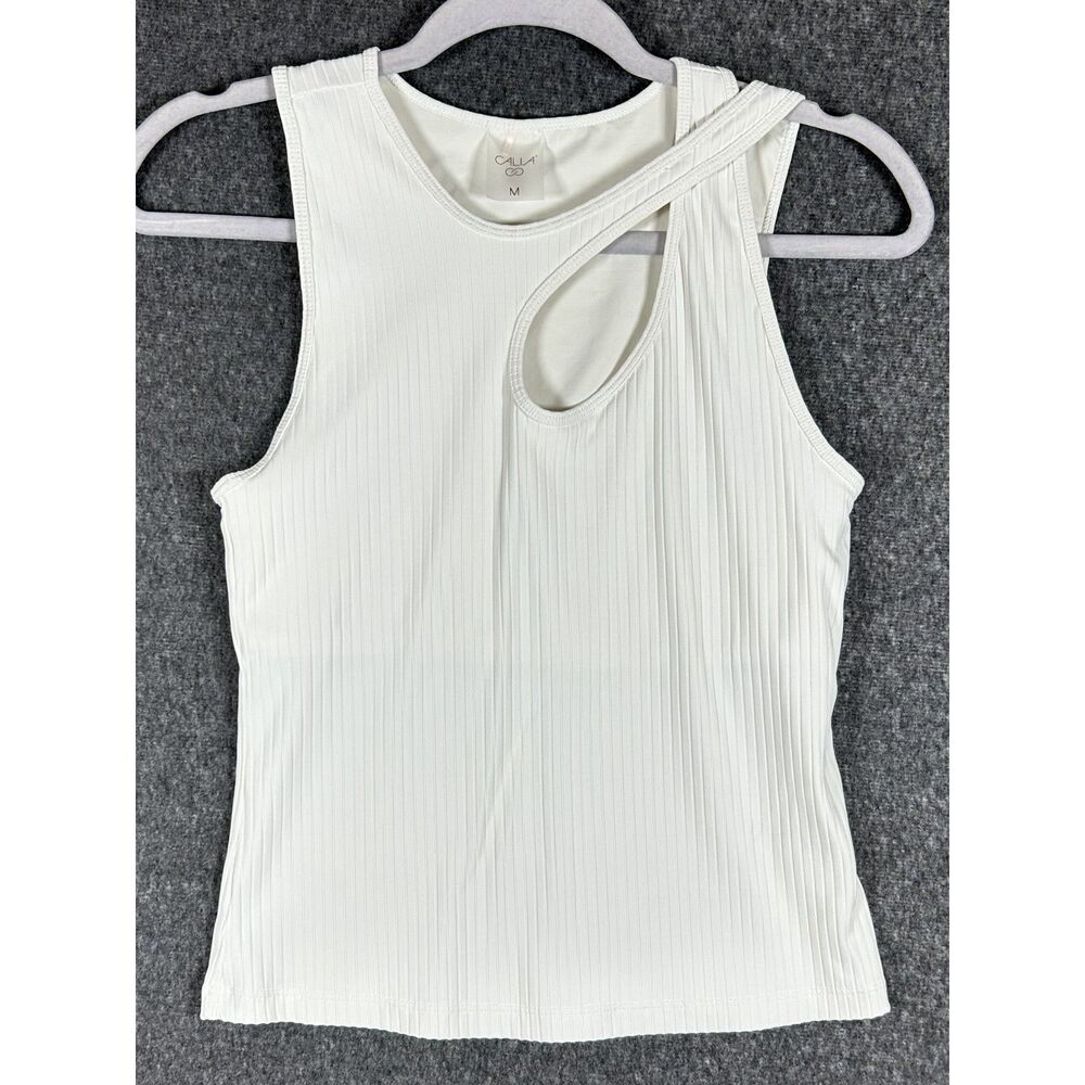 NWOT CALIA Cream Ribbed Asymmetrical Shoulder Cutout Tank Top Size M